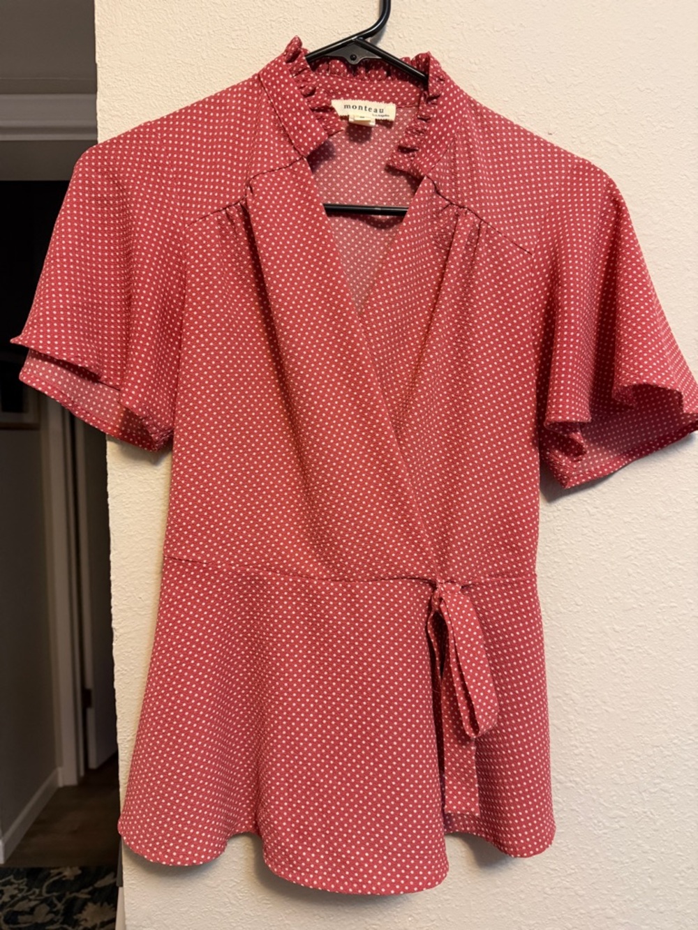 Monteau Red Polka Dot Wrap Blouse S